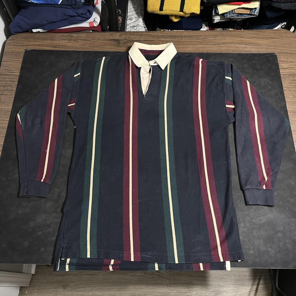 Vintage Rugby Britches Great Outdoors Shirt Mens Large Navy Stripe Sportech 90s